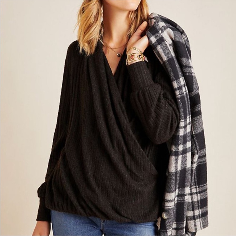 Anthropologie Maeve Rafela Hacci Surplice Wrap Sweater Top Black Gray Large